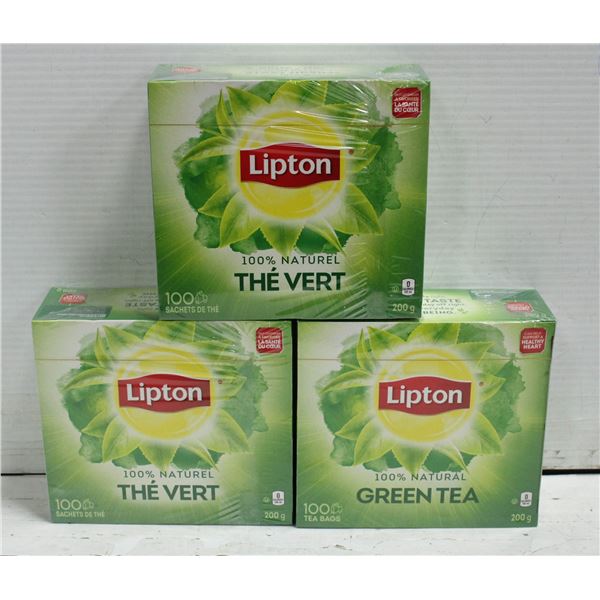 THREE BOXES OF LIPTON GREEN TEA 100 BAGS PER BOX