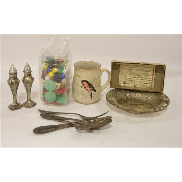 SMALL METAL DISH & 4 STAMPED "90" CUTLERY PIECES