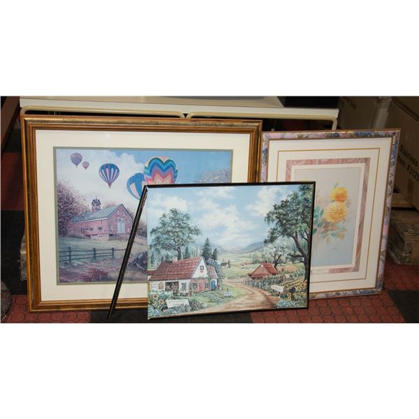 3 FRAMED PICTURES HOT AIR BALLOON OVER THE