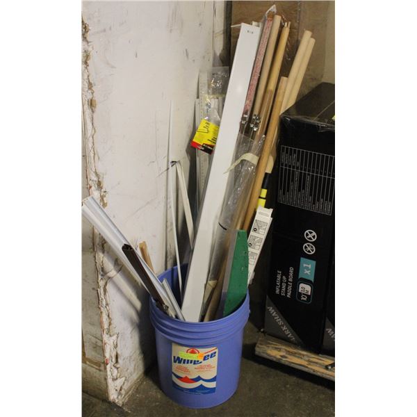 BUCKET OF DOWELS, CURTAIN RODS, RULER,