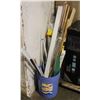 Image 1 : BUCKET OF DOWELS, CURTAIN RODS, RULER,