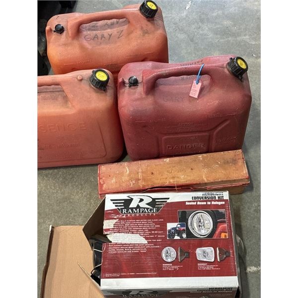 3 JERRY CANS, ROAD FLARES AND SEALED BEAM HEADLIGHTS