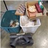 Image 1 : TWO TOTES WITH CONTENTS, VELCRO, HAND TOOLS, BLOWER PARTS, WOODEN CHESS SET AND MORE