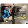 Image 1 : CRATE OF MISC TOOLS, LARGE CLAMP, HACKSAWS AND TOOL BAG WITH ASSORTED HAND TOOLS