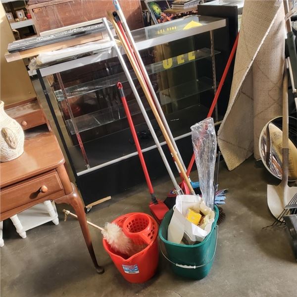 LOT OF CLEANING SUPPLIES, MOP, DUSTER, SWIFFER AND MORE