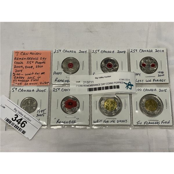 7 CAN REMEMBRANCE DAY COINS POPPIES + WAIT FOR ME FLANDERS FIELD