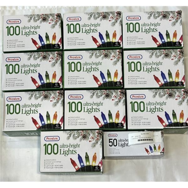 11 SETS OF PREXTEX ULTRA BRIGHT INDOOR/OUTDOOR HOLIDAY LIGHTS, 10 PACKS OF 100, AND ONE PACK OF 50