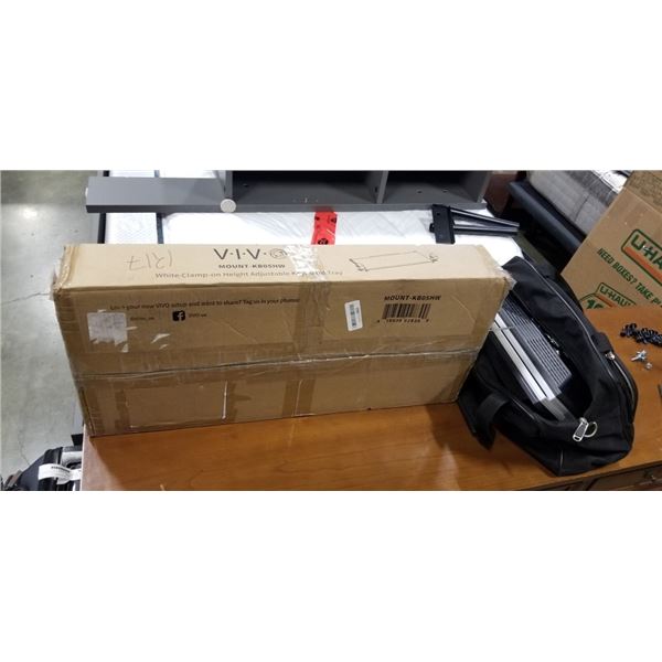 TWO SAMSUNG MONITORS AND KEYBOARD TRAY