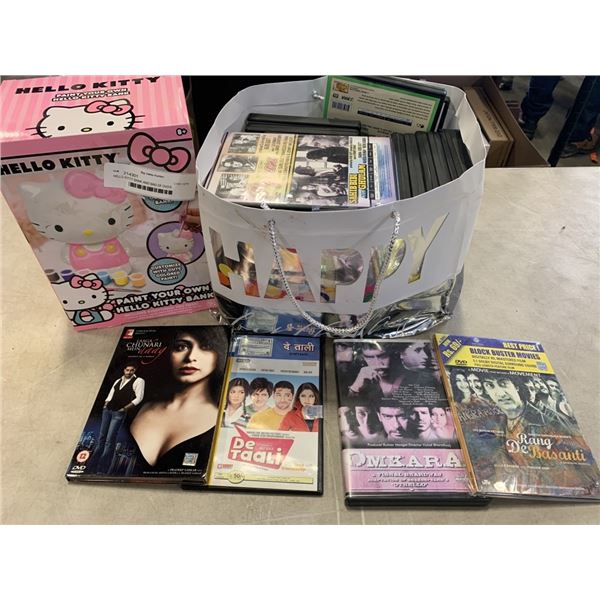 HELLO KITTY BANK AND BAG OF DVD'S