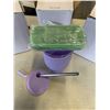 Image 2 : NEW THREE GLASS WITH PURPLE SILICONE TRAVEL MUGS WITH TWO LIDS, STRAW AND ICE CUBE TRAY IN EACH