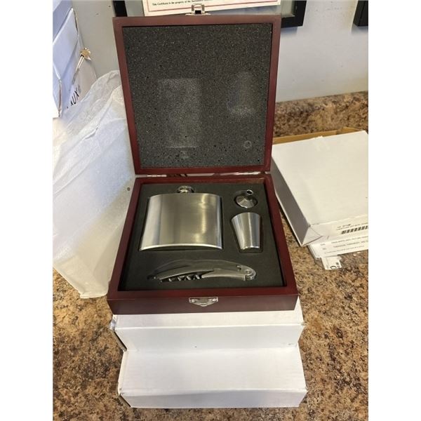 3 NEW FLASK GIFT SETS - STAINLESS STEEL FLASK, SHOT GLASS, FUNNEL, AND CORKSCREW