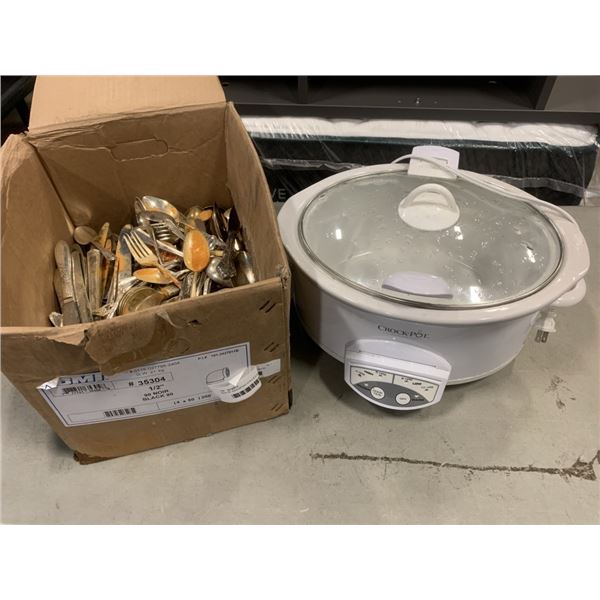 BOX OF ASSORTED COLLECTOR SPOON AND CUTLERY, AND CROCK POT