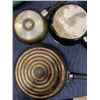 Image 3 : BOX OF GOLD PAN, ROASTER, STAORAGE JAR AND MORE