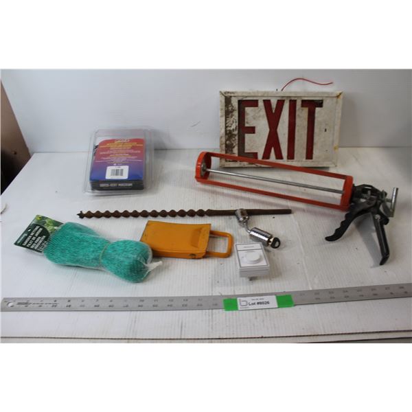 Garden Netting, Exit Sign, Caulk Gun, Masterlock, Magnetic Heater - As Is