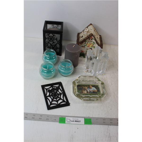 (5) Candles, Ash Tray, Candle Holder,