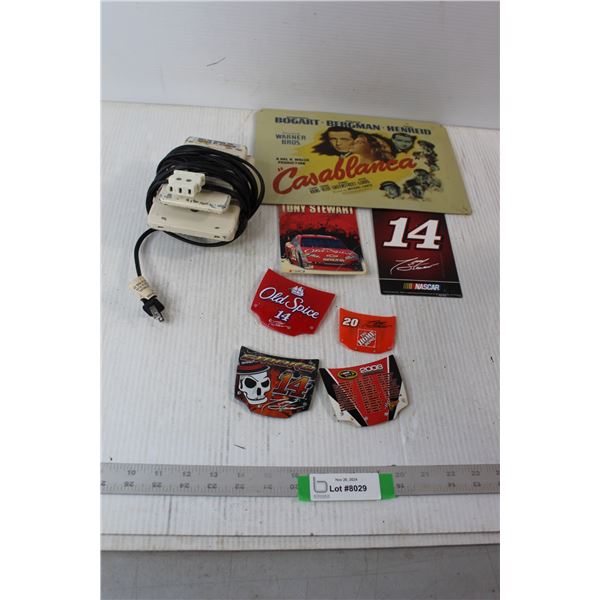 (4) Model Car hoods, (2) Car Fridge Magnets, Casablanca Sign, Sewing Machine Pedal