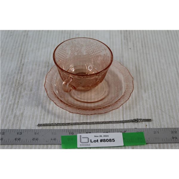 Pink Depression Glass Cup and Saucer, Costume Jewelry Chain