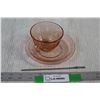 Image 1 : Pink Depression Glass Cup and Saucer, Costume Jewelry Chain