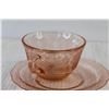 Image 2 : Pink Depression Glass Cup and Saucer, Costume Jewelry Chain