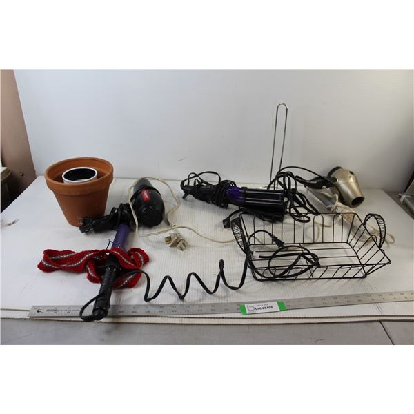 (2) Blow-dryers - Tested Powers On, (2) Curling Irons - As is, (2) Planters, Wire Rack