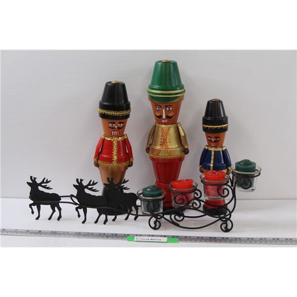 (3) Nutcracker Decor & Reindeer Candle Holder w/Candles
