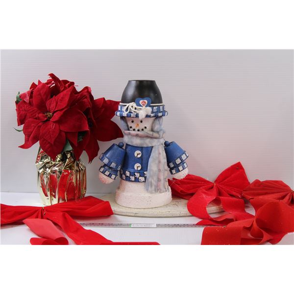 Snowman Christmas Decor, (3) Ribbons, & Faux Poinsettia Plant - Some Wear
