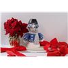 Image 1 : Snowman Christmas Decor, (3) Ribbons, & Faux Poinsettia Plant - Some Wear