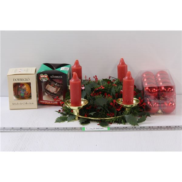 Poinsettia Candle Centrepiece, (2) Ornaments in Box, Red Ornaments in Box