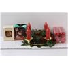 Image 1 : Poinsettia Candle Centrepiece, (2) Ornaments in Box, Red Ornaments in Box