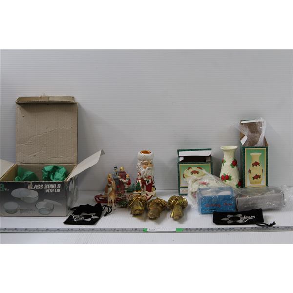 Santa Candle Holder, Assorted Figurines in Box & (2) Rose Ceramic Vase & Candy Dish