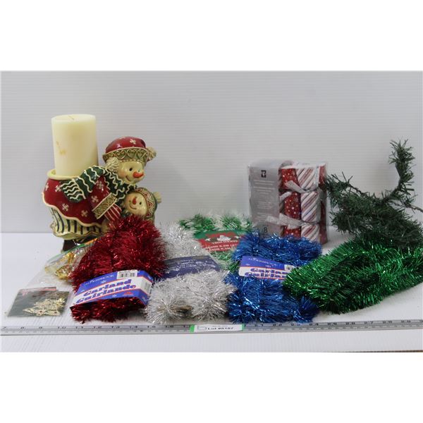 Snowman Candle Holder, Various Garlands, Christmas Crackers in Box, Misc.