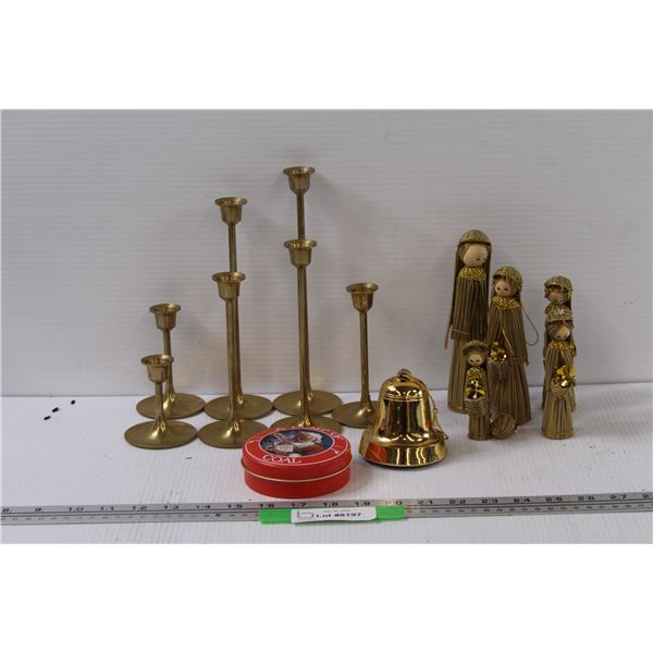 (7) Brass Candle Holders, (5) Angel Grass Decor, Lump of Coal in Tin