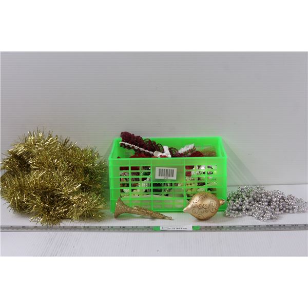 Christmas Various Ornaments in Basket, Bead Garland, Gold Garland