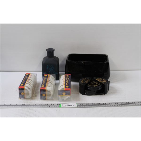 (3) Shower Curtain Hooks in Box, Hawaii Coaters Set, Vases