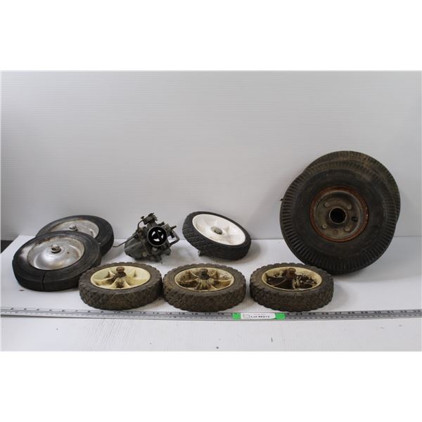 (4) Hard Plastic Lawn Mower Wheels, (2) Rubber Tires: 4.10/3.50 - 4", (2) Metal Lawn Mower Tires, Ca