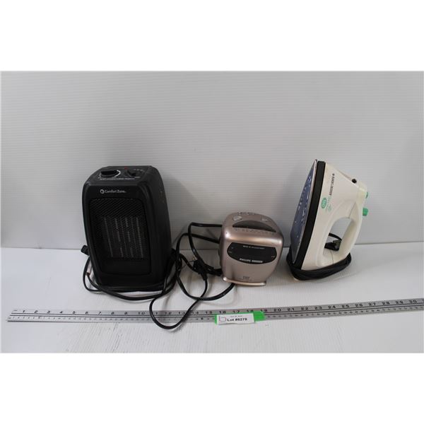 Ceramic Heater - Powers On, Philips Alarm Clock - Powers On, Black & Decker Iron - Powers