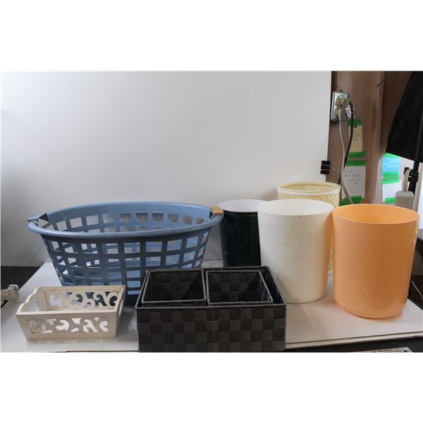(4) Garbage Cans, Laundry Basket, (4) Basket Organizers - Some Wear, As Is