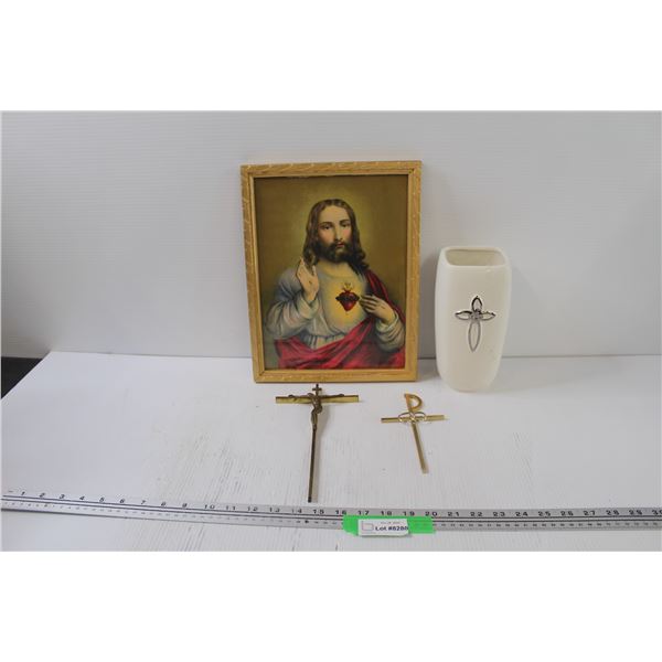 Jesus Picture - 13" x 10" & Crucifix & Cross & Cross Style Vase