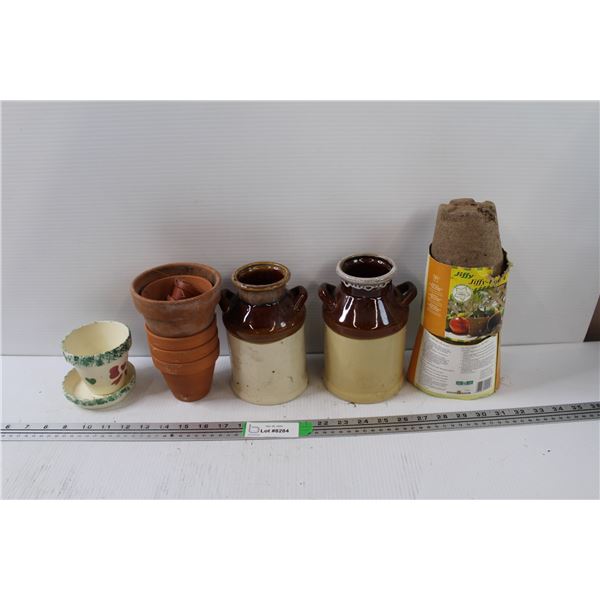 (2) Crock Style Vases, (8) Small Terracotta Pots & Peat Plant Pots