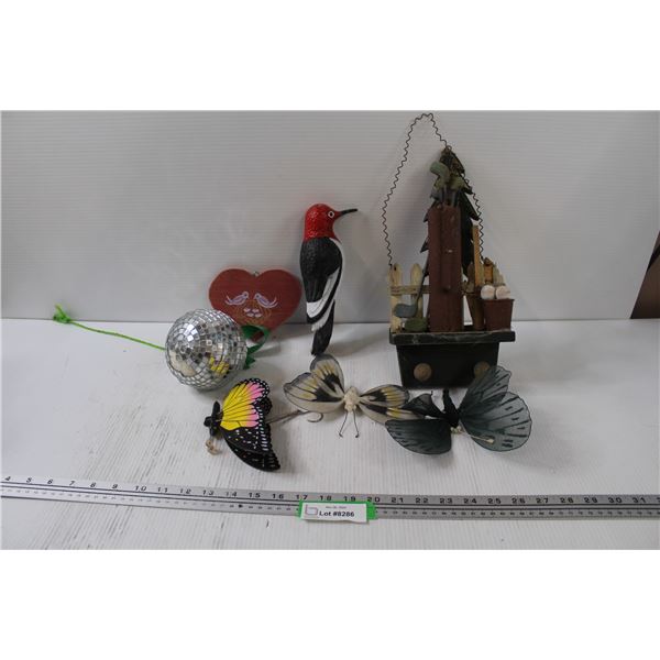 (3) Butterfly Decor, Wood Pecker Bird, Disco Ball, Bird Wood Decor