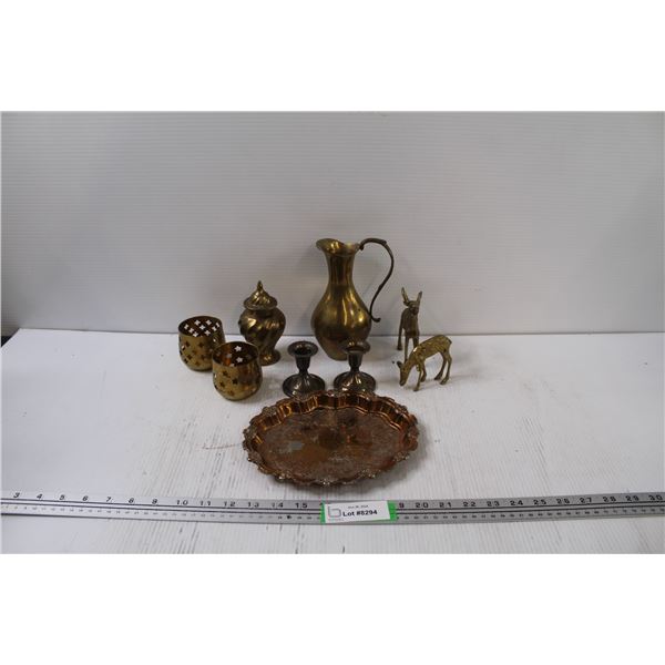 Brass Lot: Candleholders, Urn, Pitcher, Serving Plate, (2) Deer Figurines