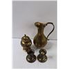 Image 2 : Brass Lot: Candleholders, Urn, Pitcher, Serving Plate, (2) Deer Figurines