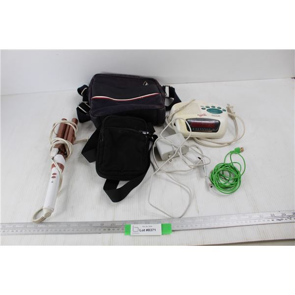 (2) Small Handbags, Hair Curling Iron- Powers On, Misc.