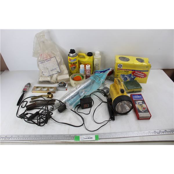 Lot Of Various Hardware Items, Power Fist Tape Measure, Paint Brush, Misc.