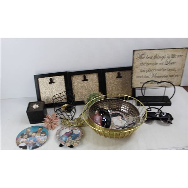 Lot Of Various Home Decor Pieces, Picture Frames,(1) Pair Of Ray Ban Sunglasses, Misc.