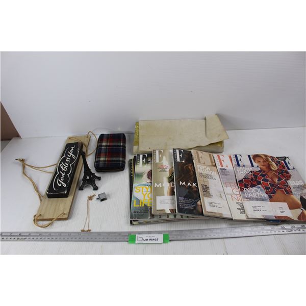 (11) various Elle Canada Magazines, Plaid Wallet, Misc.