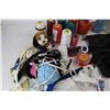Image 2 : Lot Of Various Sewing Supplies, Needle Thread, Mini Travel Iron- Powers On, Misc.
