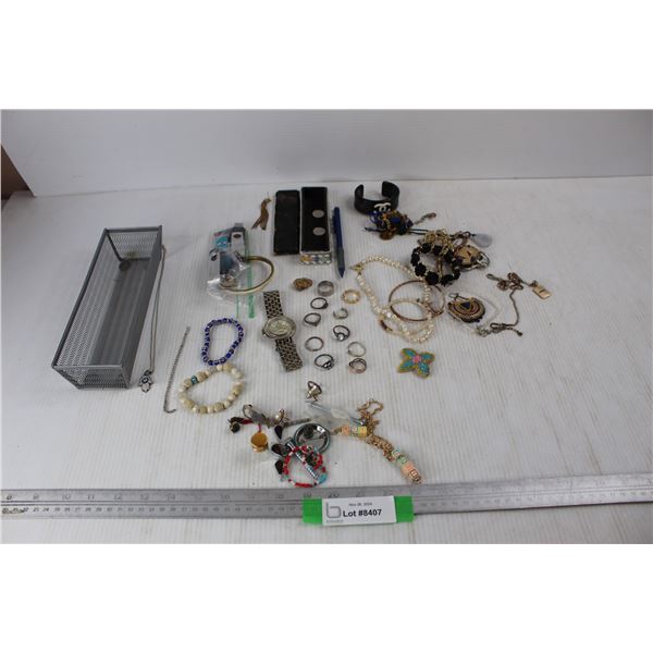 Lot Of Various Costume Jewellery w/ Mesh Pen Holder, Misc.
