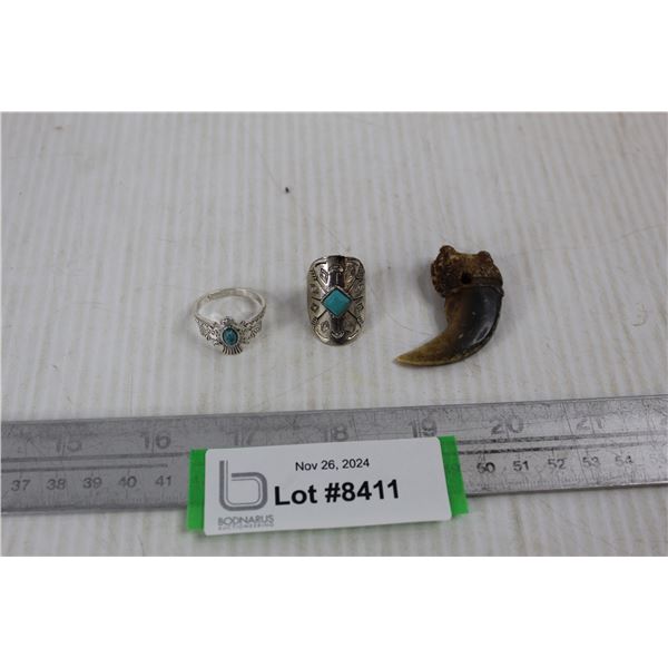 (2) Rings, Animal Claw Necklace Pendant