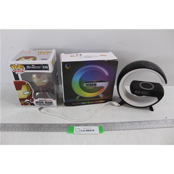 Smart Light Sound machine Alarm Clock- As Is, Iron Man Funko Pop- NIB